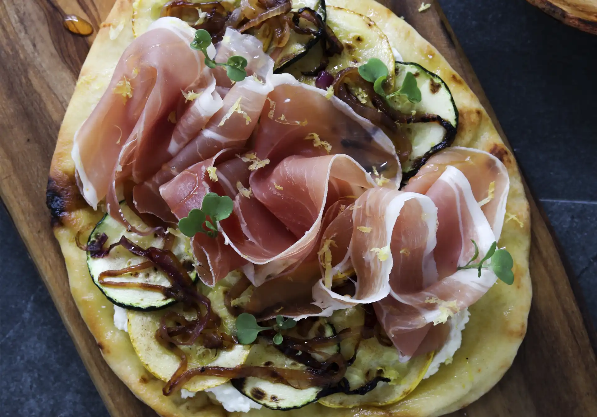 Ricotta Flatbread with Zucchini & ConsorcioSerrano Ham
